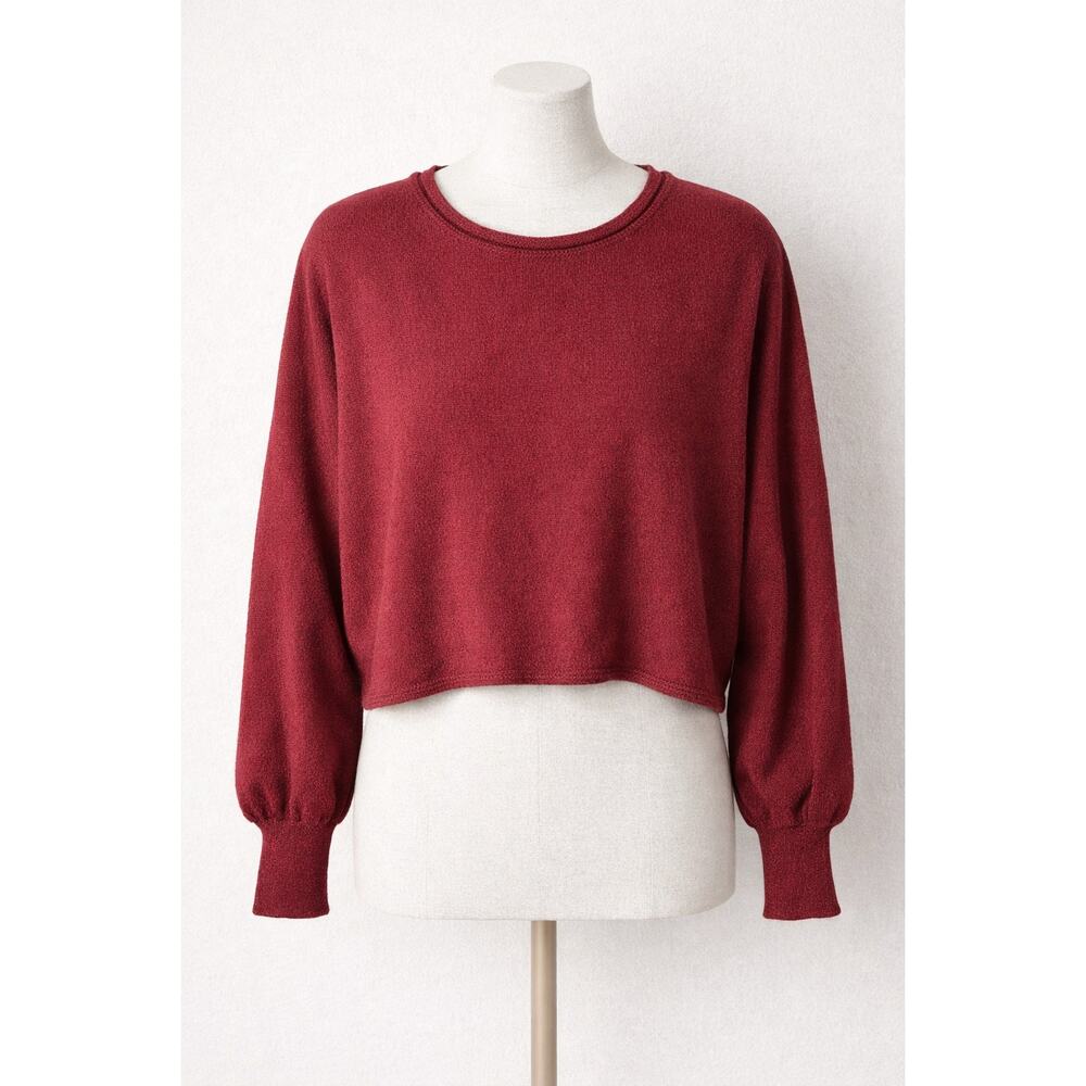 Burgundy Cropped Knit Sweater Dolman Sleeve Soft Lightweight Size Medium